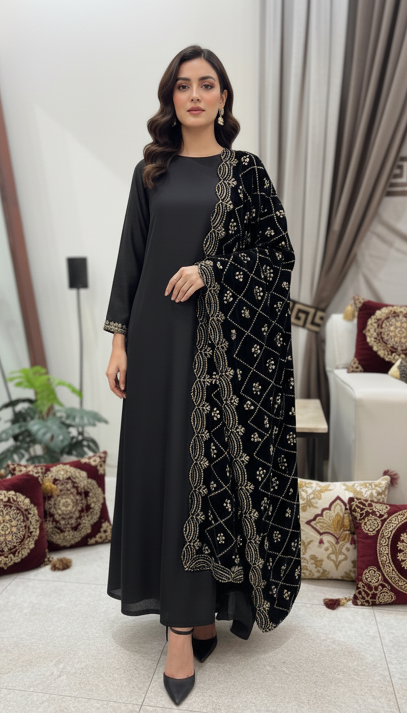 Black Velvet Shawl - Hand Embellished