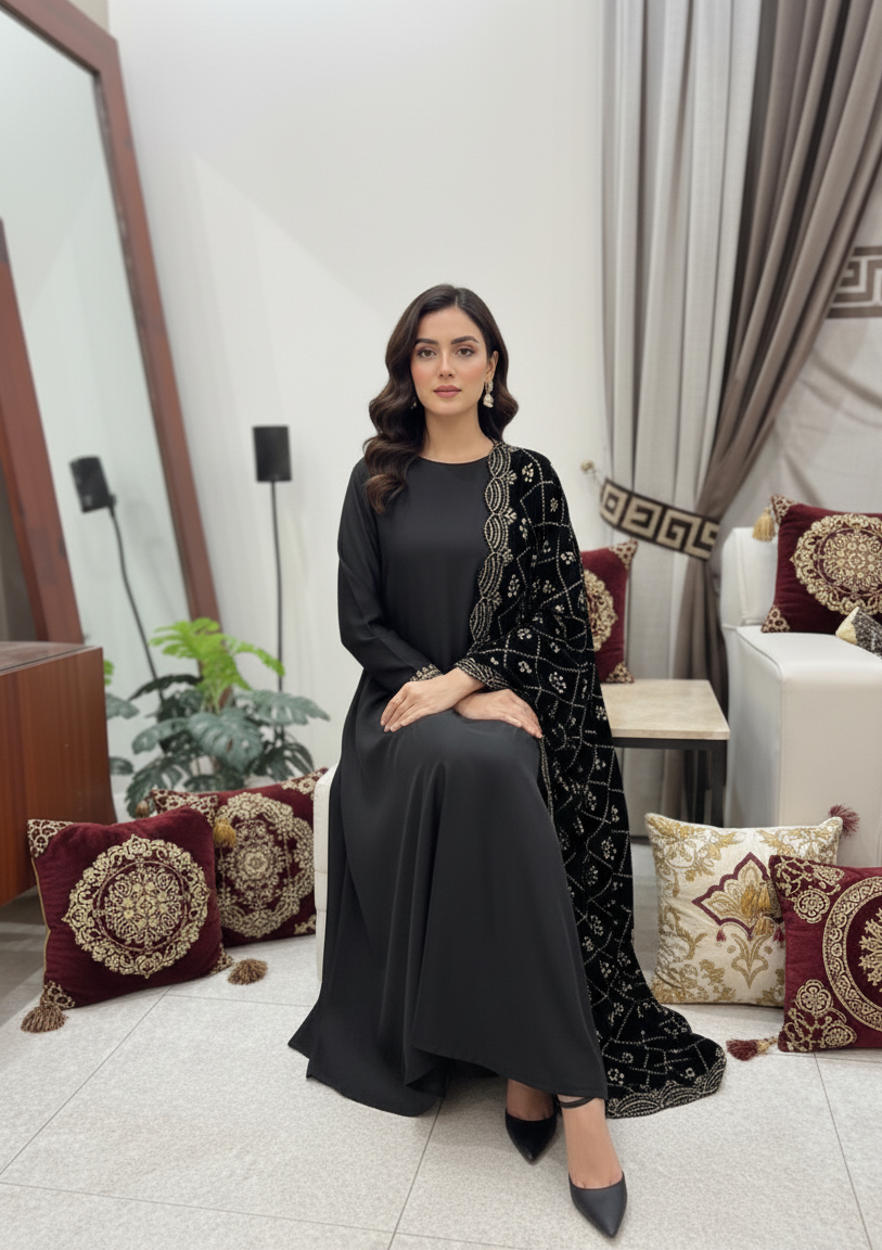 Black Velvet Shawl Hand Embellished