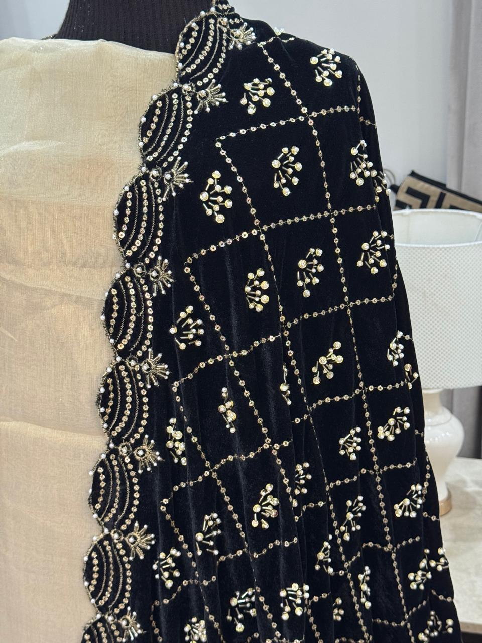 Black Velvet Shawl - Hand Embellished