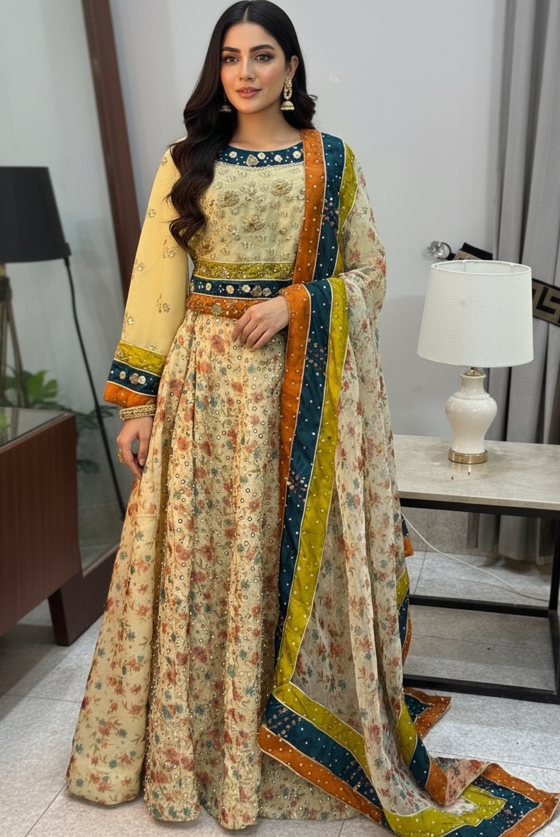 Cream organza lehenga mahoroba