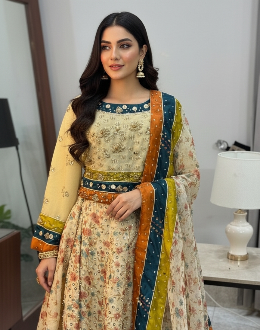 Cream organza lehenga mahoroba