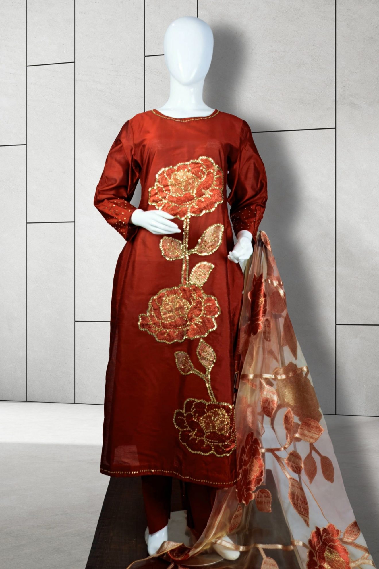 Maroon Raw Silk - Hand Embellished and Applique Work