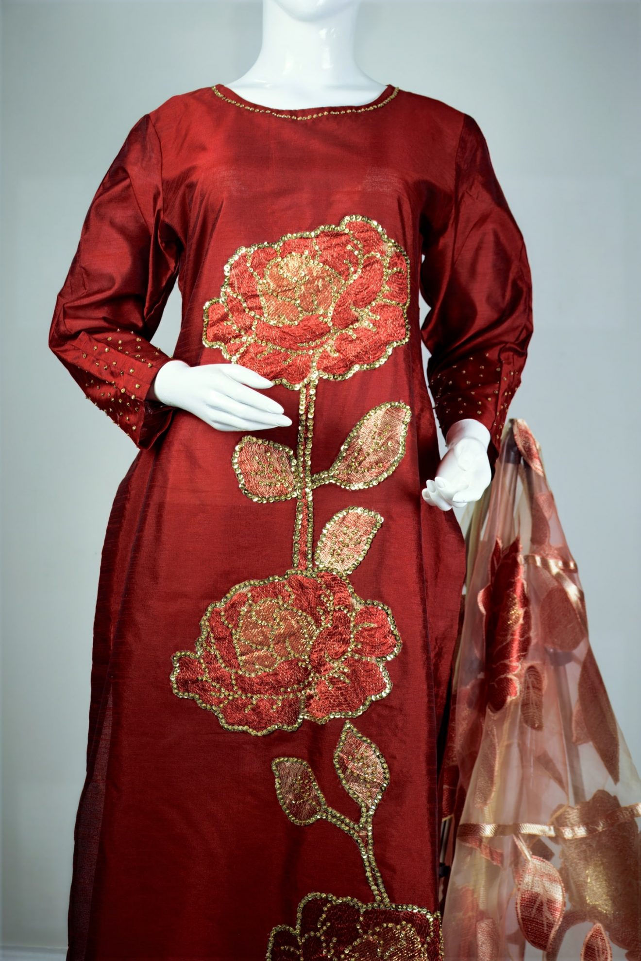 Maroon Raw Silk - Hand Embellished and Applique Work
