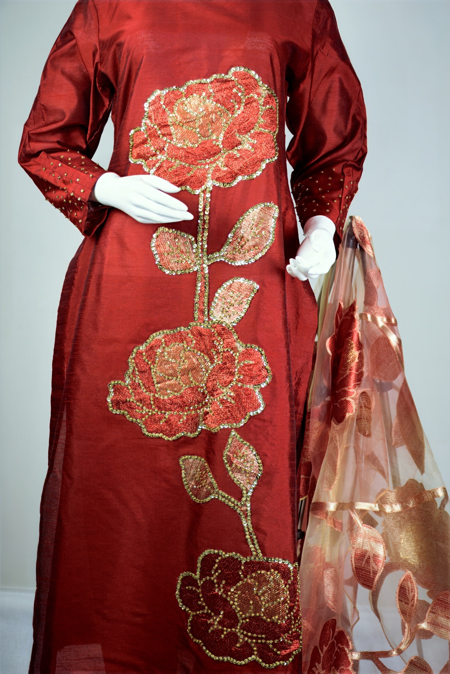 Maroon Raw Silk - Hand Embellished and Applique Work