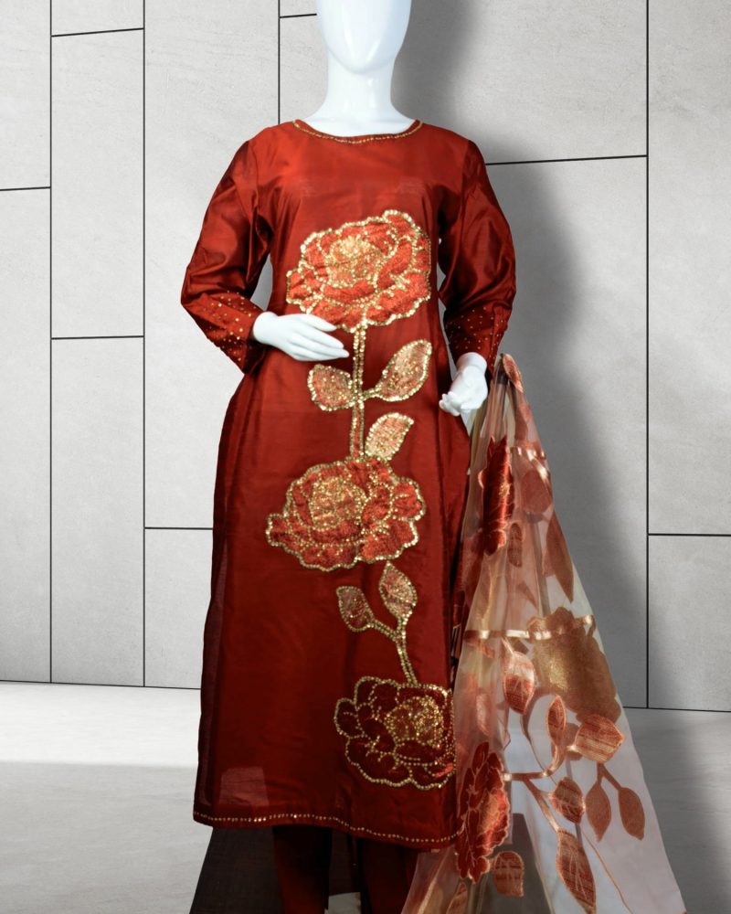 Maroon Raw Silk - Hand Embellished and Applique Work