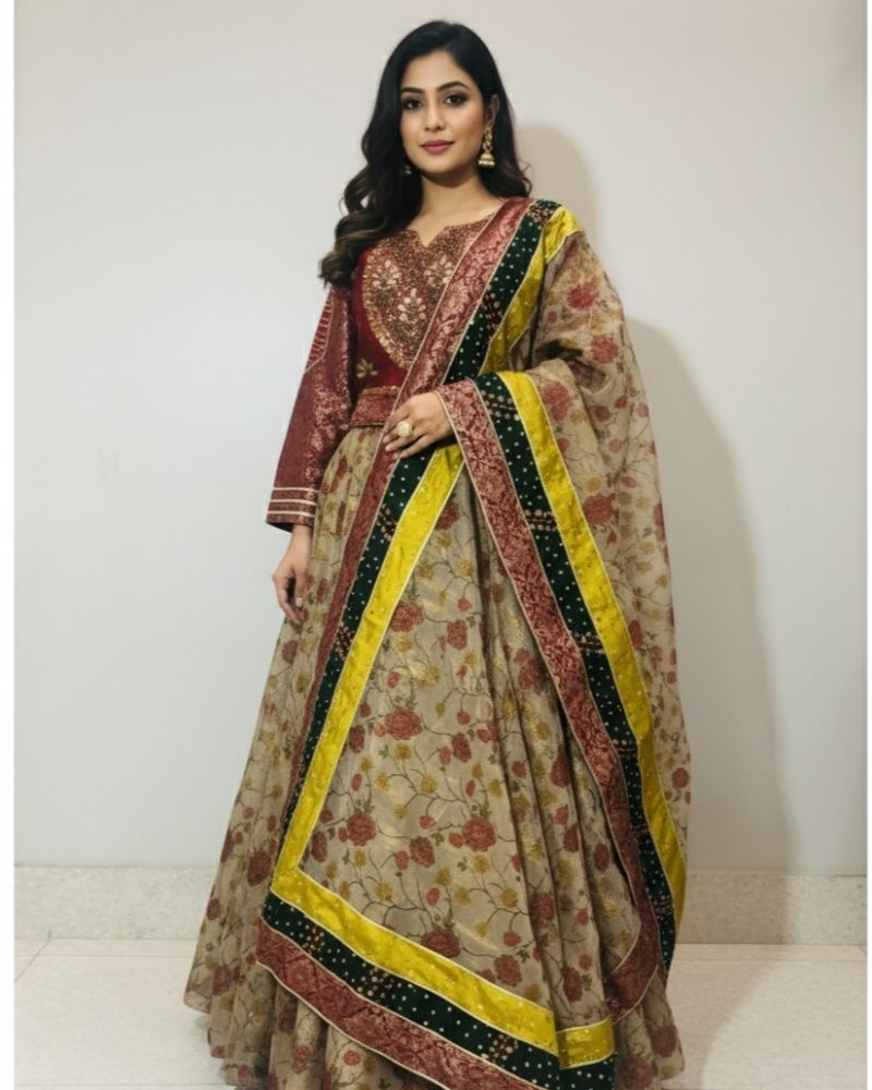 Raw silk jamawar and printed zari organza miray