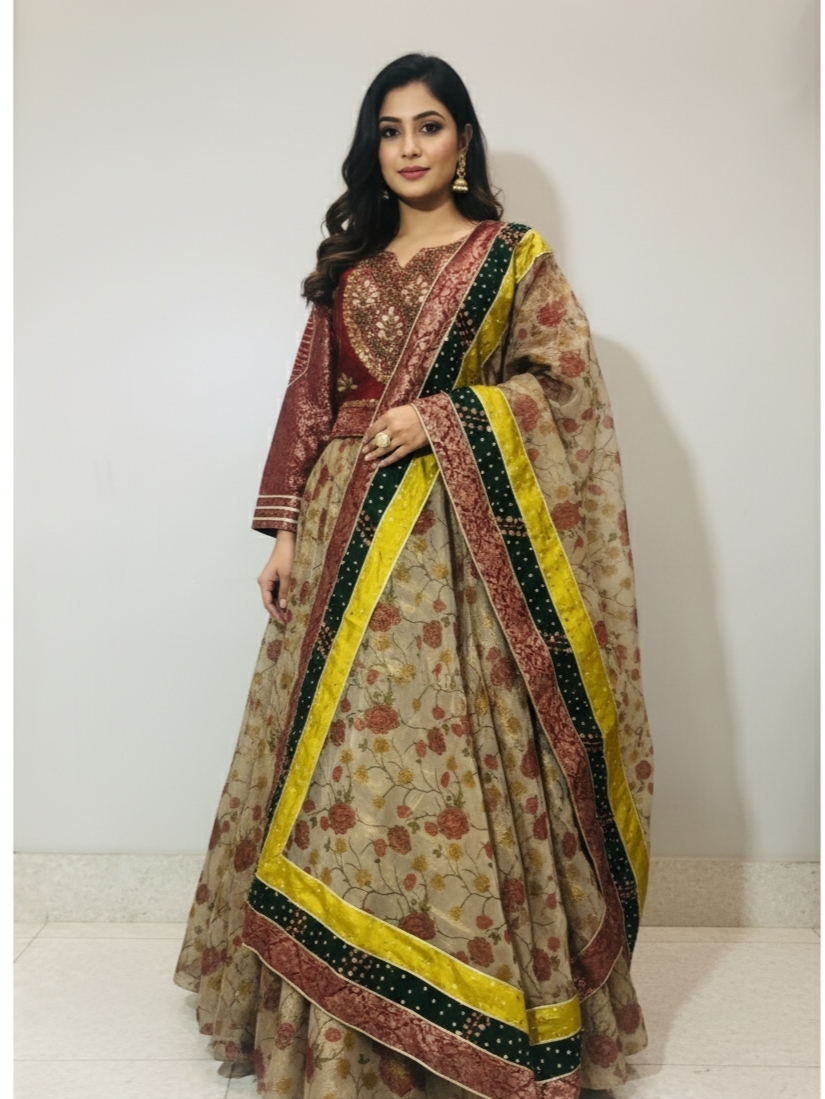 Raw silk jamawar and printed zari organza miray