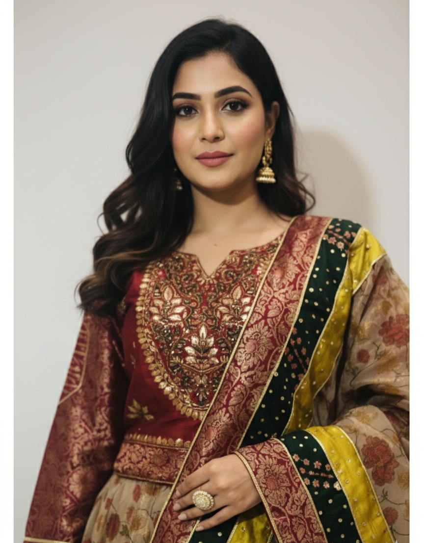 Raw silk jamawar and printed zari organza miray