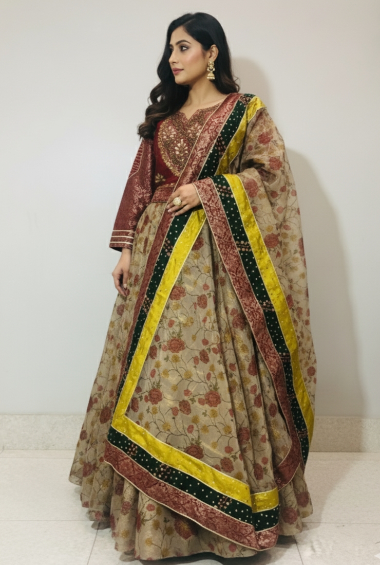 Raw silk jamawar and printed zari organza miray