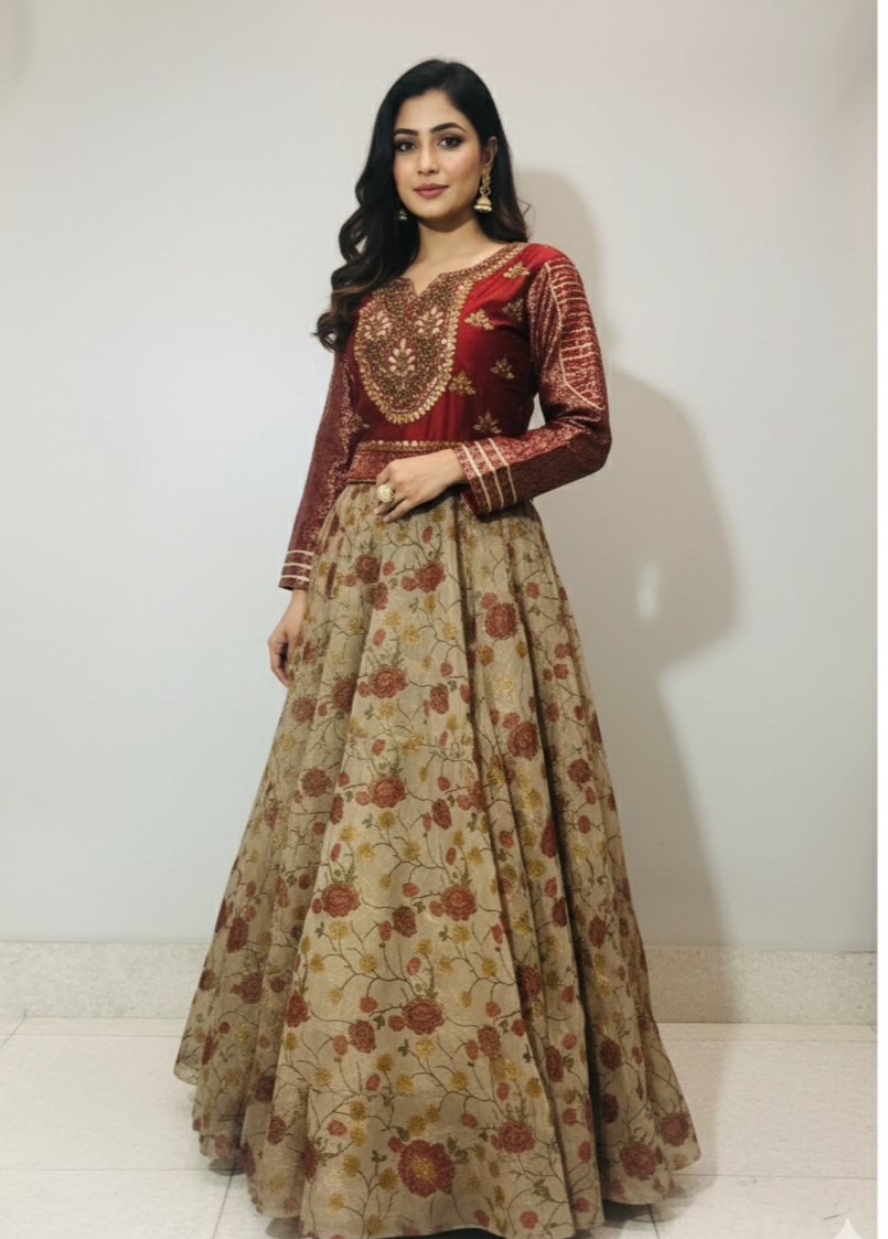 Raw silk jamawar and printed zari organza miray
