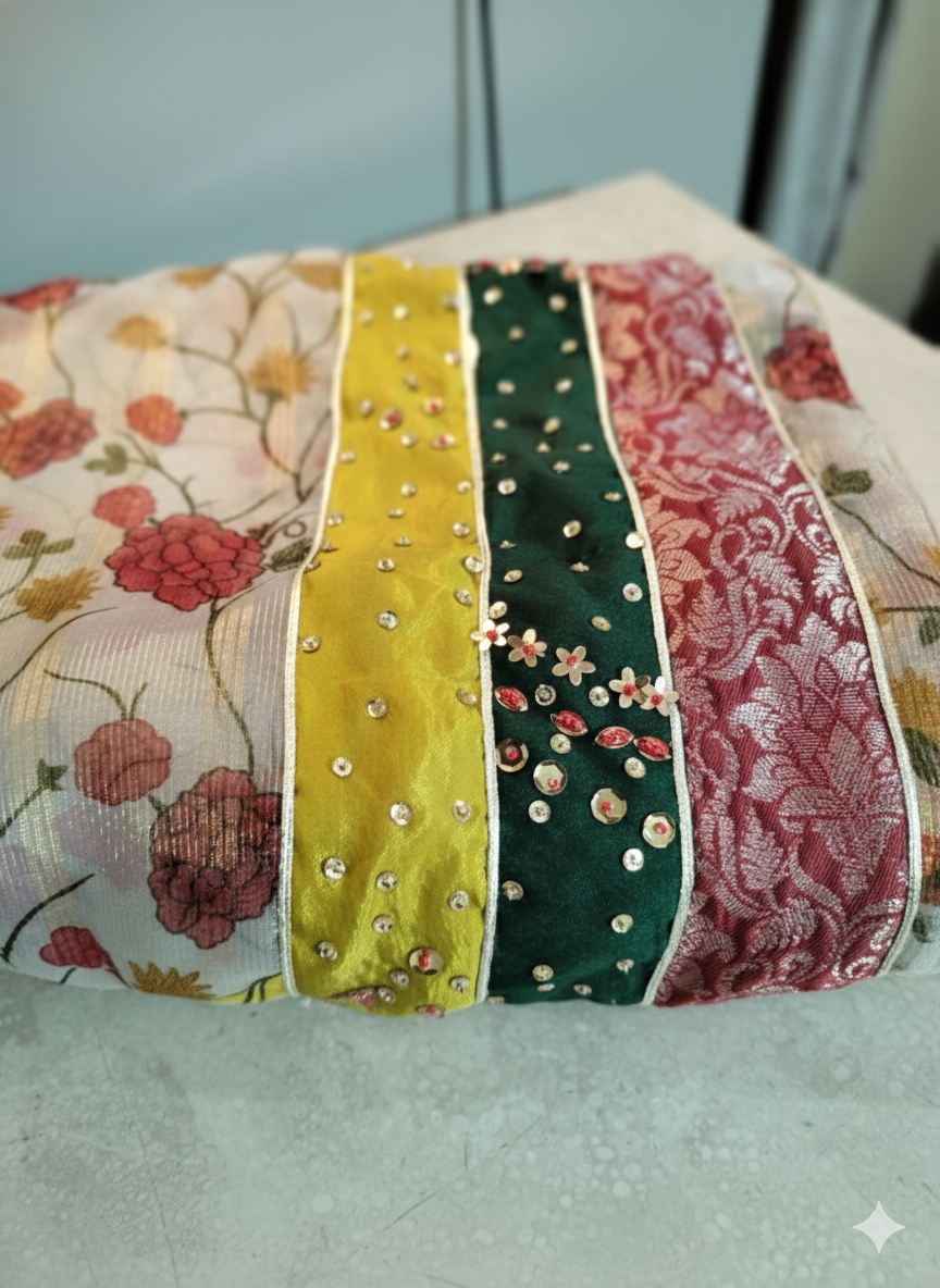 Raw silk jamawar and printed zari organza miray